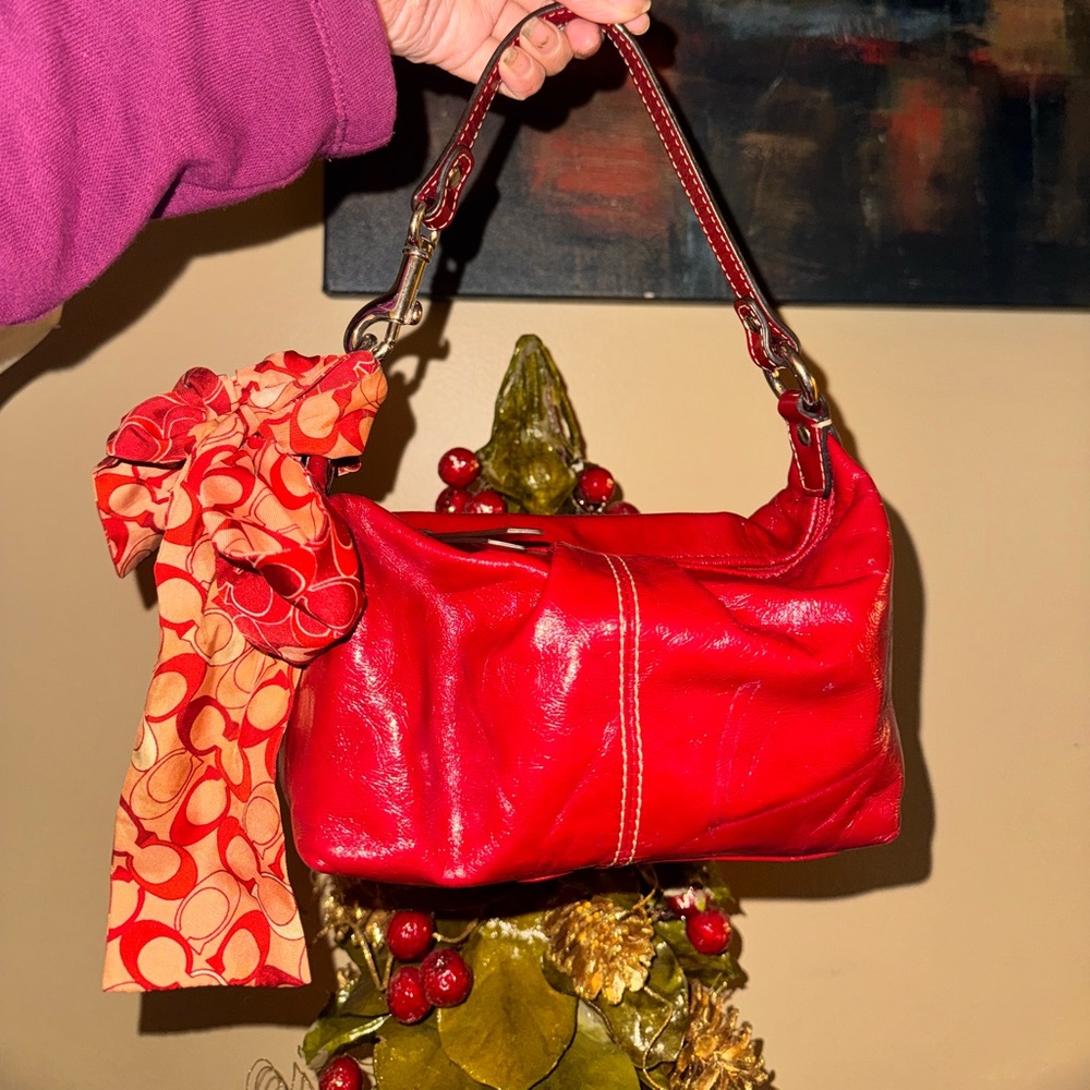 90s/ Y2K cherry red purse w authentic 100% silk vintage coach scarf